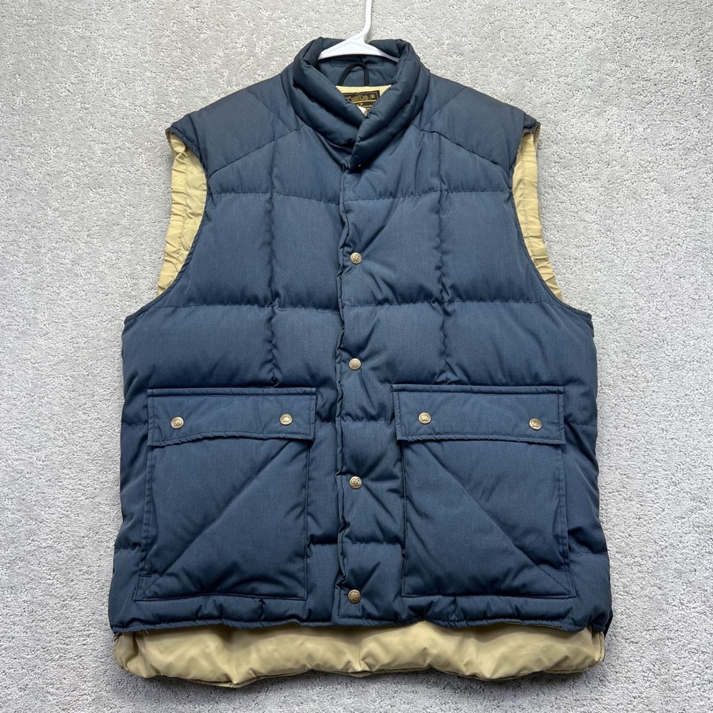 VINTAGE Eddie Bauer Puffer Vest Mens Large Navy Blue Cream Goose Down Quilted